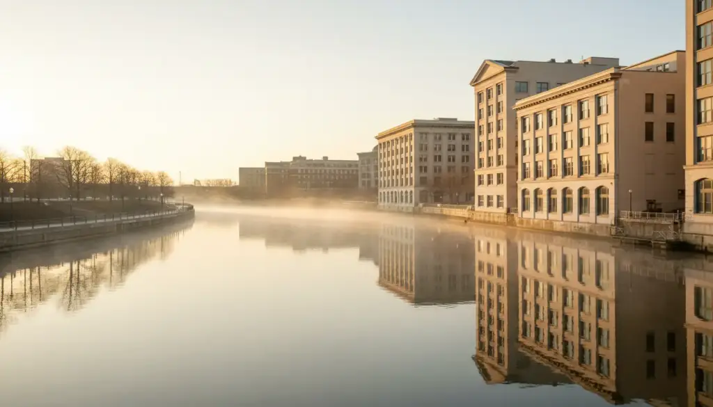 The Milwaukee River at morning with cream-brick buildings reflected in the water
