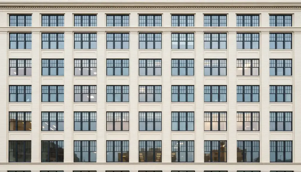 Straight-on view of a cream-brick office facade with a regular grid of windows, a few lit