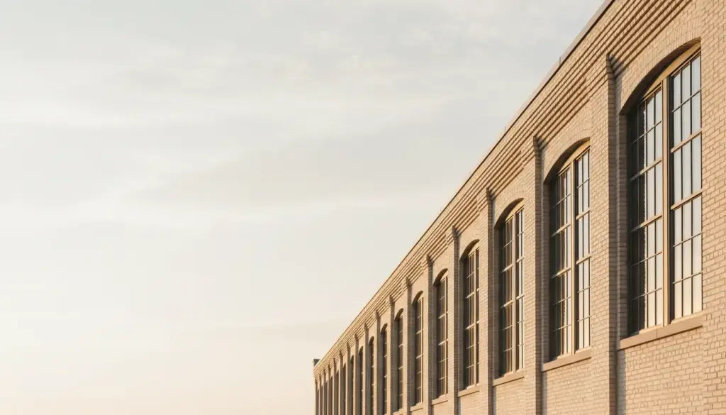 A long cream-brick Milwaukee warehouse wall with tall arched windows in late light
